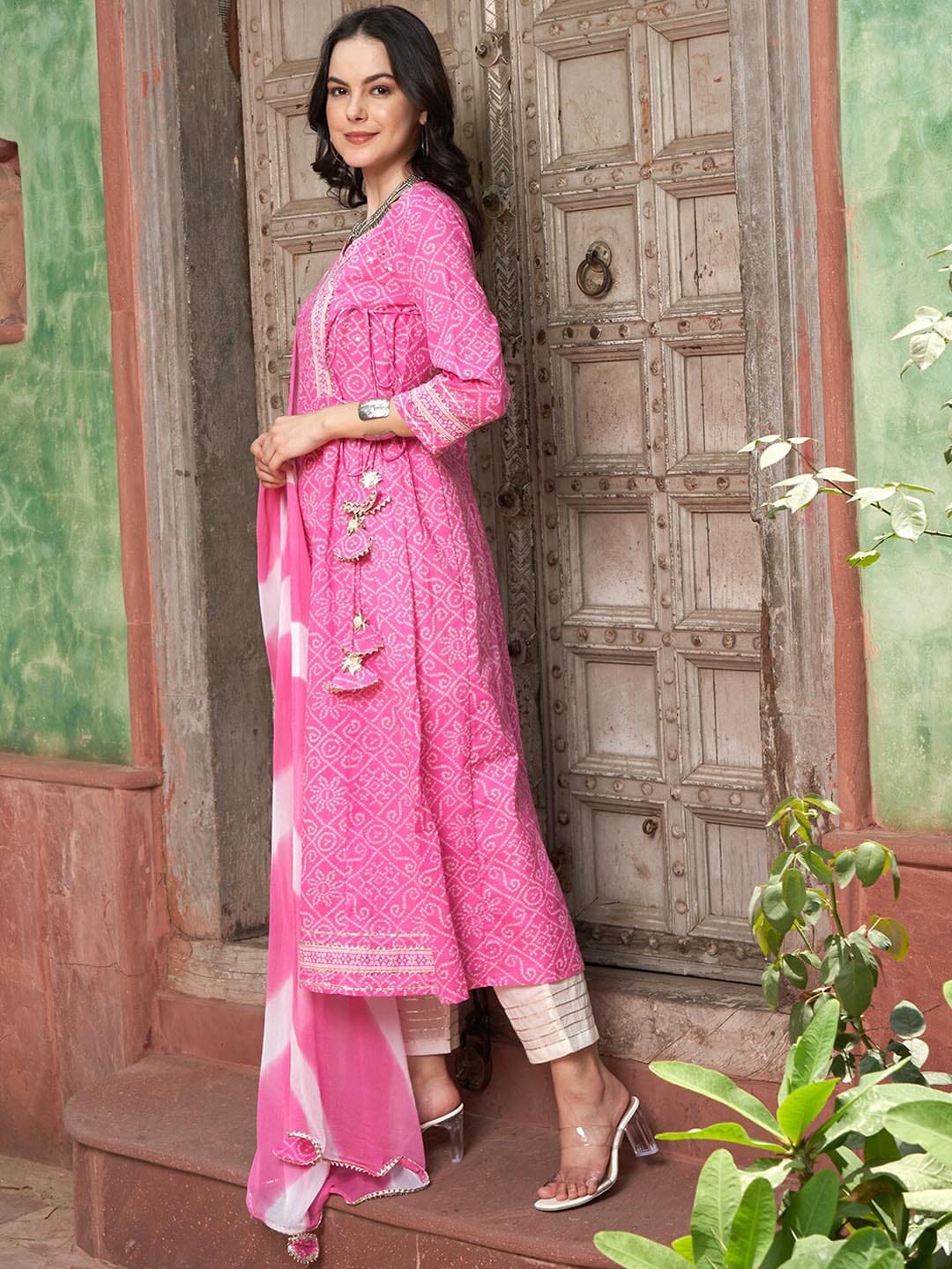 Sangria Pink Bandhani Printed Angrakha Mirror Work Pure Cotton Kurta Set