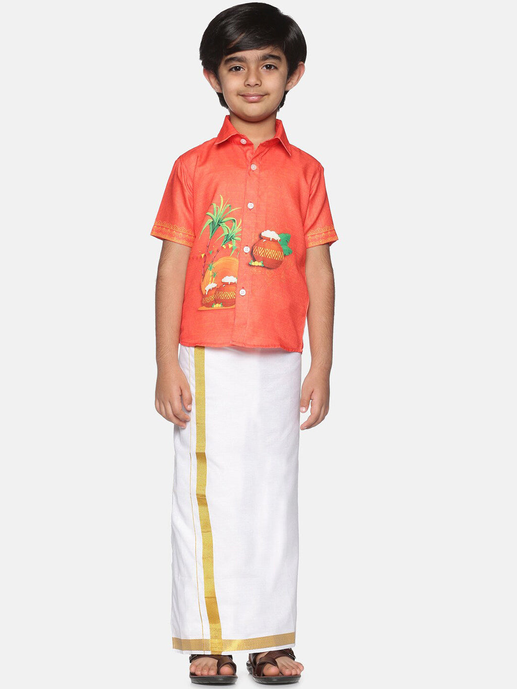 Sethukrishna Boys Orange & White Printed Shirt