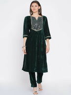 Women Republic Green Velvet Embroidered Kurta With Pant - Distacart