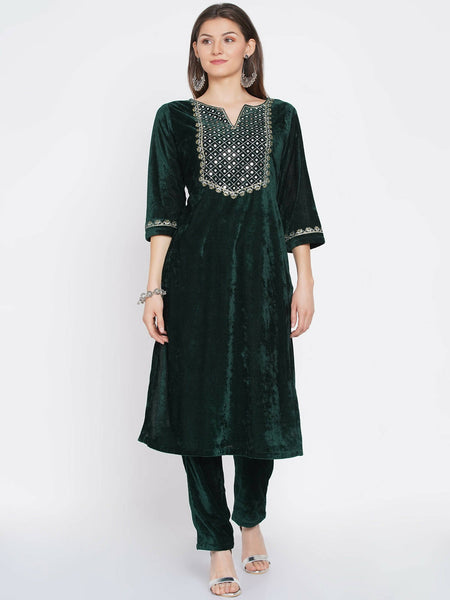 Women Republic Green Velvet Embroidered Kurta With Pant