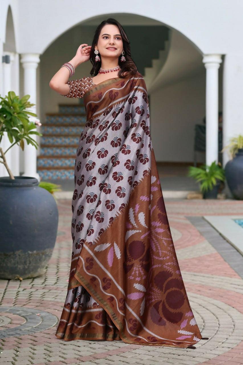 Prime Volt Women's Brown Printed Mal Cotton Saree with Designer Blouse Piece - Distacart