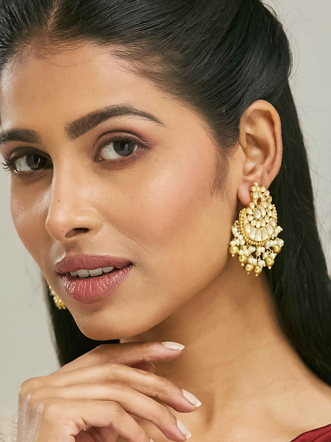 Nuyug 22K Gold-Plated Kundan Stone Studded & Pearl Drop Beaded Crescent Shaped Chandbalis - Distacart
