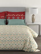 MYTRIDENT Beige Green Floral Cotton 144 TC Queen Bedsheet With 2 Pillow Covers