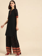 All About You Women Black & Pink Regular Round Neck Kurta with Palazzos