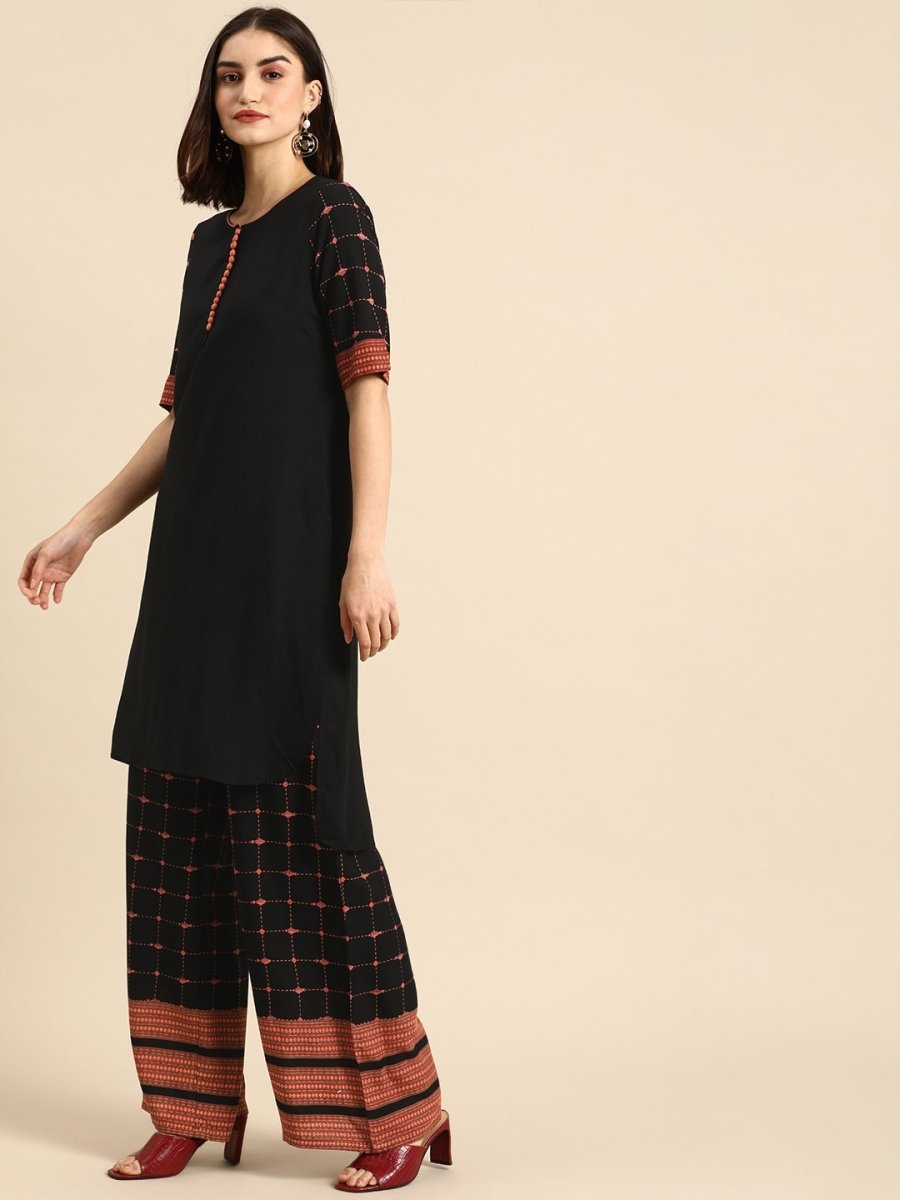 All About You Women Black & Pink Regular Round Neck Kurta with Palazzos