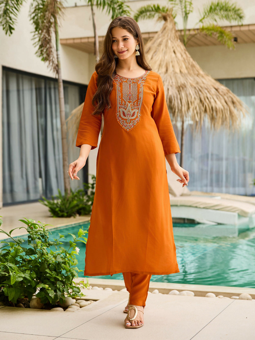 The52 Rust Women's Gorgeous Embroidered work Rayon Fabric Straight Kurta, Pant and Dupatta Set - Distacart