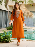 The52 Rust Women's Gorgeous Embroidered work Rayon Fabric Straight Kurta, Pant and Dupatta Set - Distacart