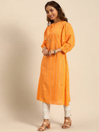 Sangria Women Jacquard Chanderi Silk Tie-Up Neck Puff Sleeves Kurta With Sequin Detail