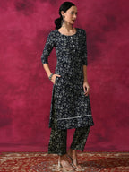 Aks Floral Printed Round Neck Kantha Work Detailed Pure Cotton Kurta with Palazzos