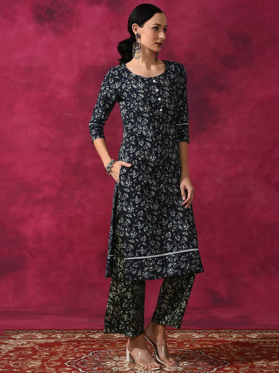 Aks Floral Printed Round Neck Kantha Work Detailed Pure Cotton Kurta with Palazzos