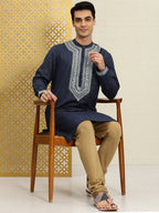 House of Pataudi Men Navy Blue Embroidered Striped Pattern Jashn Kurta