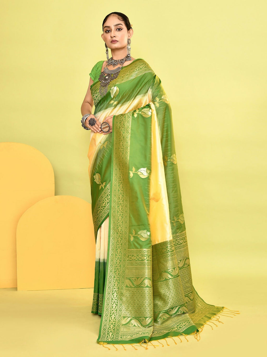 Joban Fashion Light Yellow & Parrot Green Plain With Weaving Border Banarasi Silk Sarees