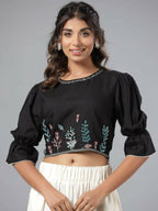 Juniper Women Black Rayon Flex Embroidered Crop Top