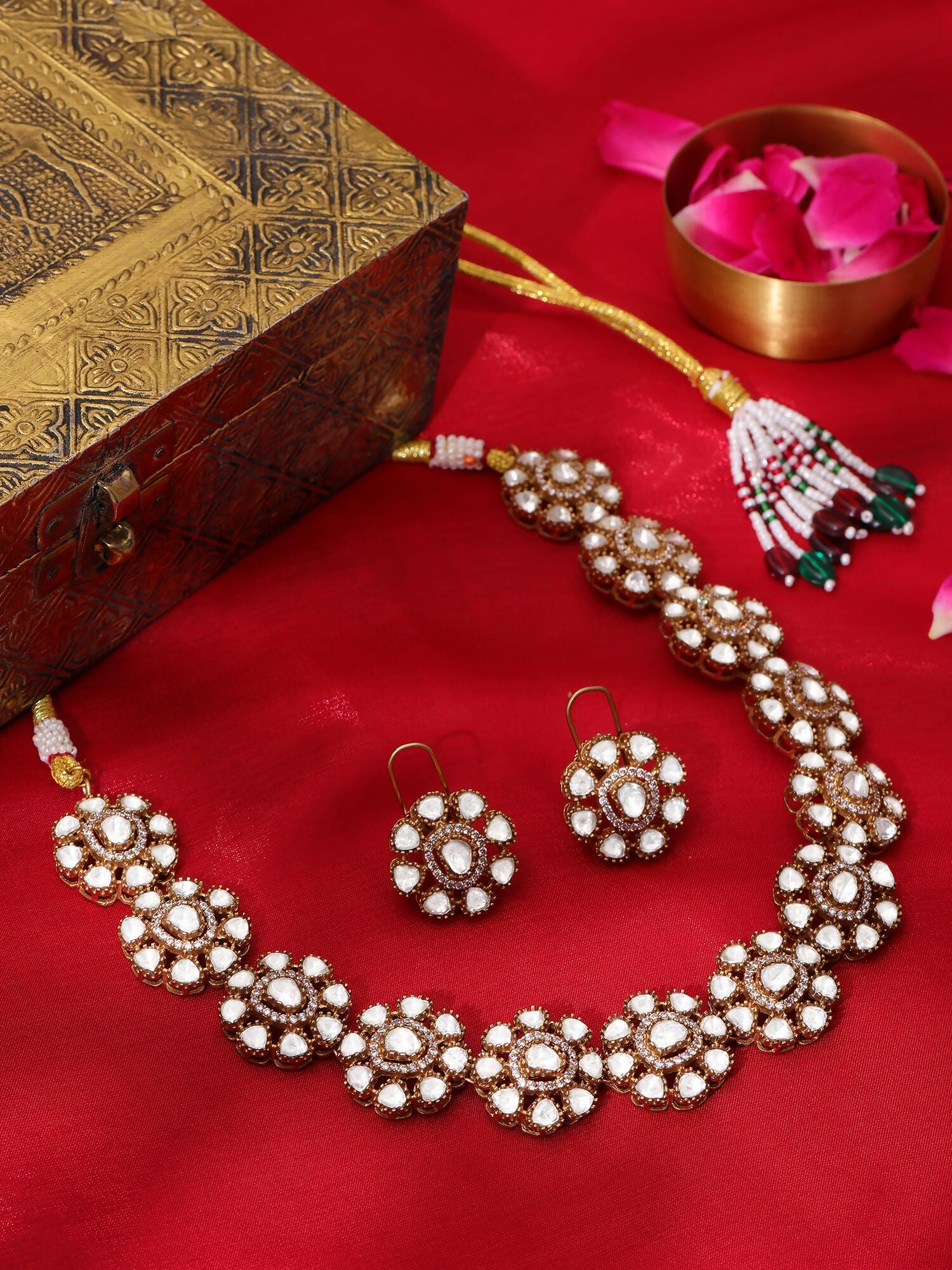 Ruby Raang Gold Polished Kundan Work Gold Kundan Flower Necklace With Stud Earrings