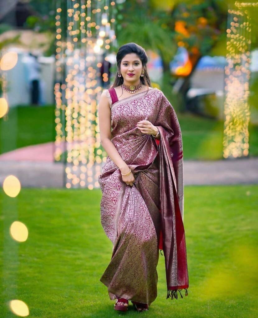 DEIANA'S Beautiful Designer Golden zari Soft Lichi Silk Saree - Wine