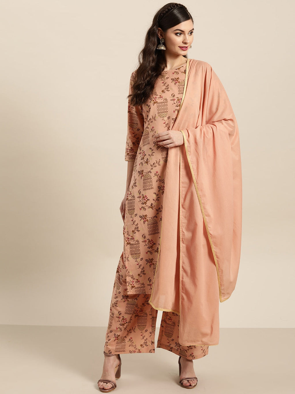 Sangria Women Dusty Pink & Brown Pure Cotton Printed Kurta with Palazzos & Dupatta