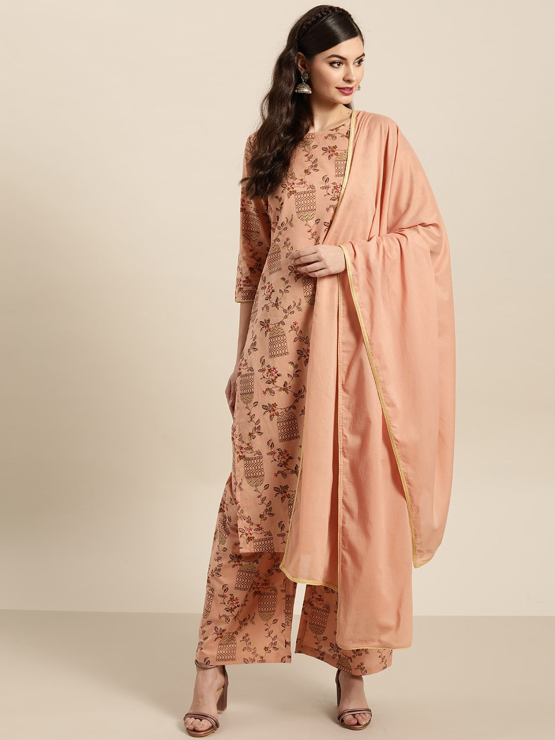 Sangria Women Dusty Pink & Brown Pure Cotton Printed Kurta with Palazzos & Dupatta