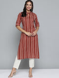HERE&NOW Women Rust Red & Off-White Pure Cotton Striped Keyhole Neck Straight Kurta