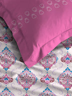 MYTRIDENT Moments Pink White Ethnic Pure Cotton 120 TC Queen Bedsheet Pillow Covers
