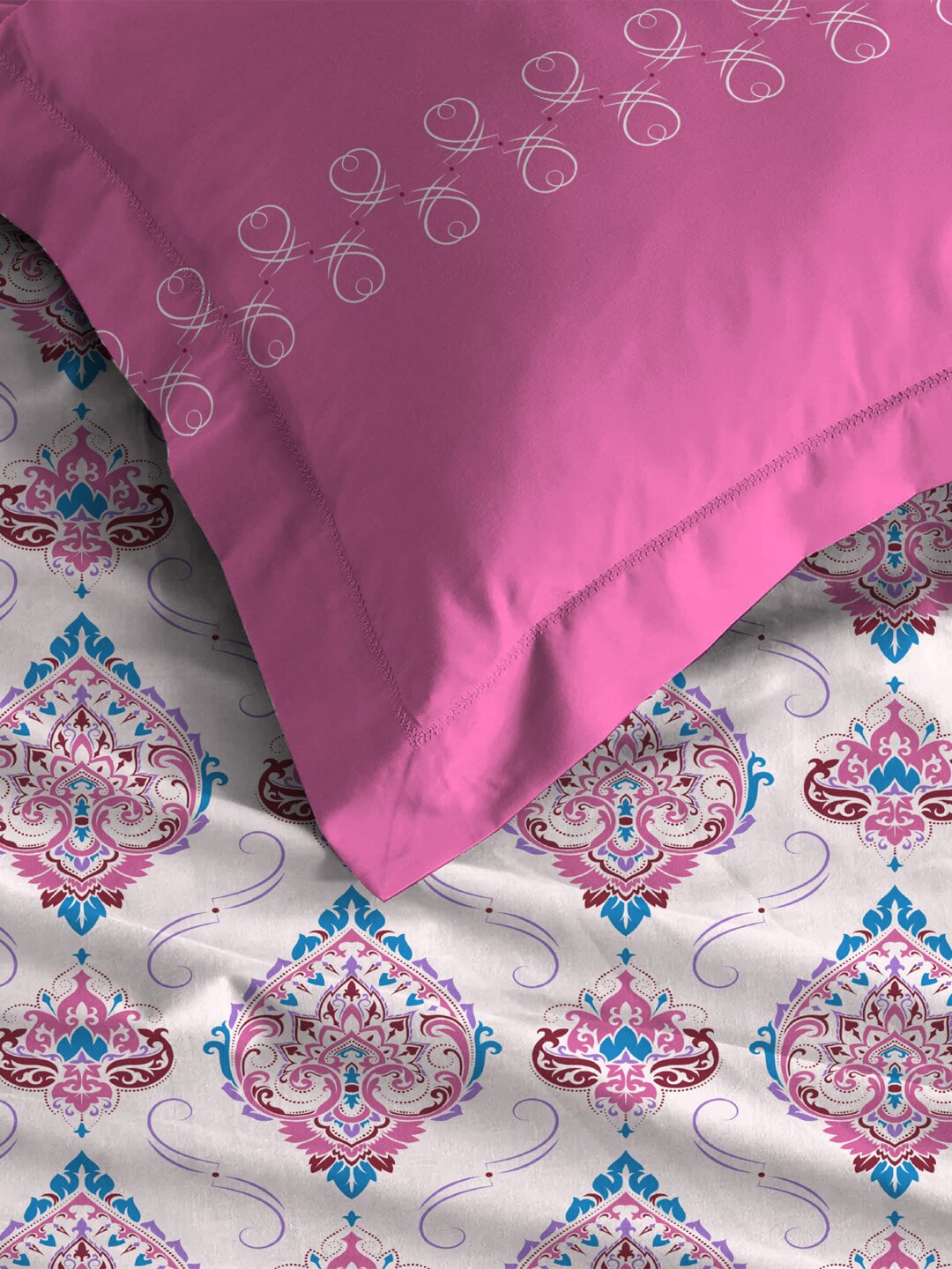 MYTRIDENT Moments Pink White Ethnic Pure Cotton 120 TC Queen Bedsheet Pillow Covers