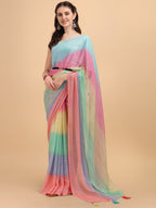 Sangria Blue & Pink Georgette Striped Zari Work Saree - Distacart