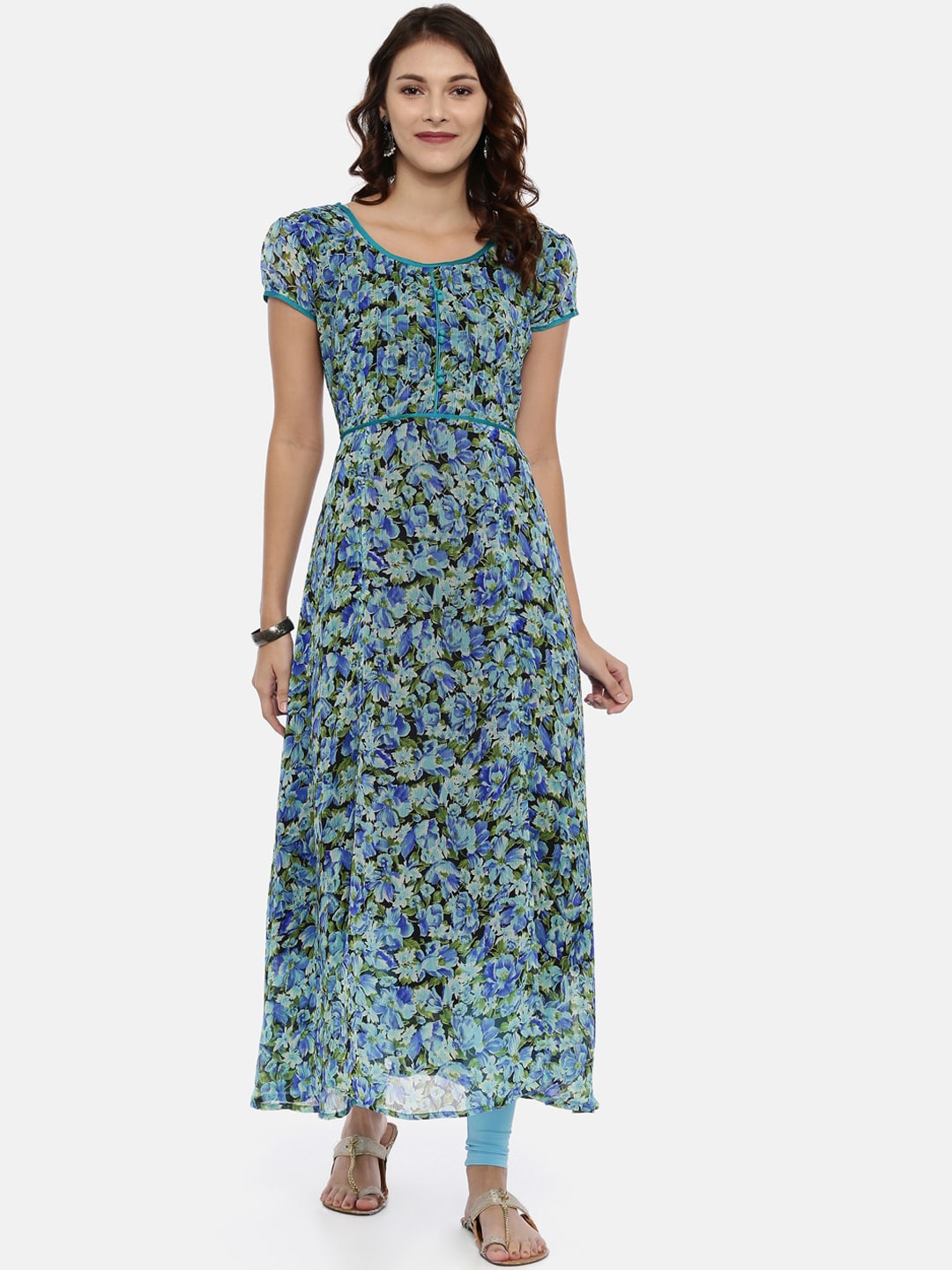 Souchii Blue & Green Printed A-Line Kurta - Distacart