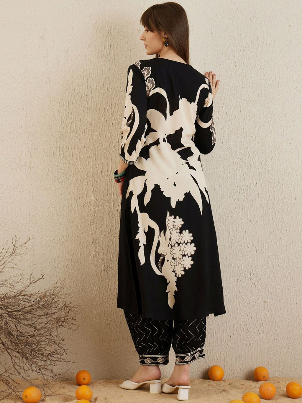 Indo Era Black Floral Printed V-Neck Sequinned A-Line Kurta With Salwar - Distacart