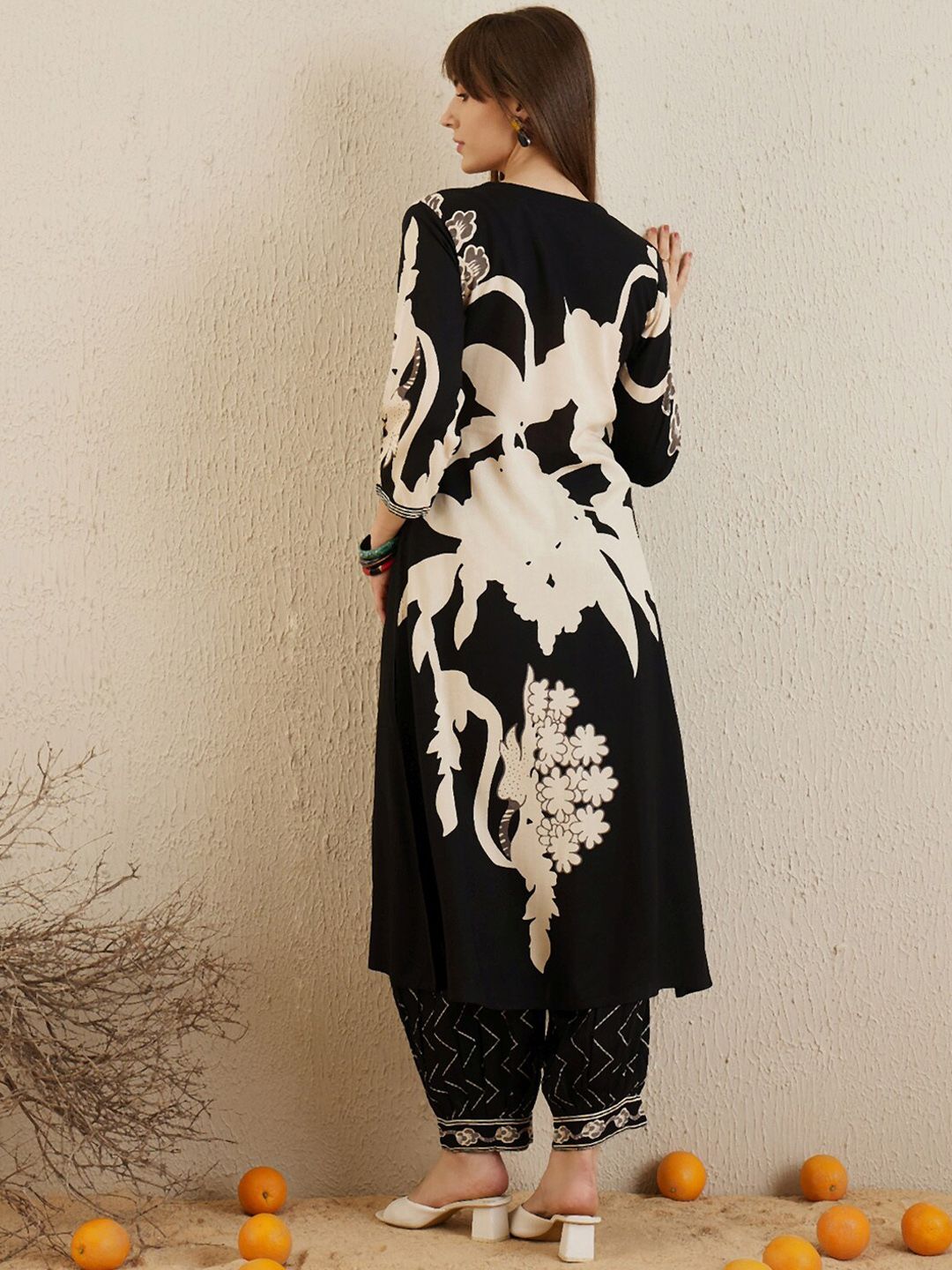 Indo Era Black Floral Printed V-Neck Sequinned A-Line Kurta With Salwar - Distacart