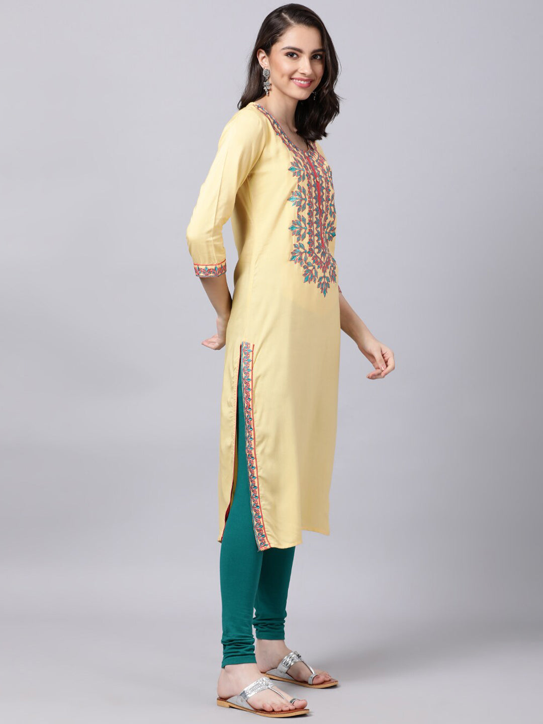 Souchii Women Cream-Coloured Ethnic Motifs Embroidered Kurta - Distacart