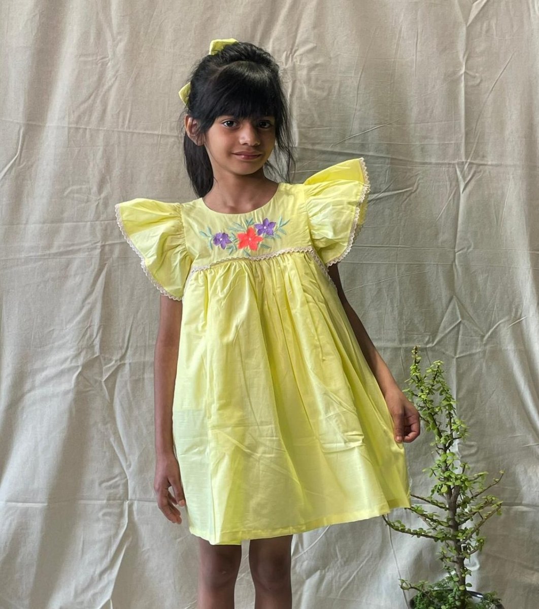 ArthLife Yellow Flower Embroidered Lace Dress