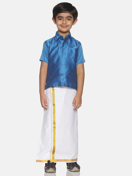 Sethukrishna Blue & White Solid Shirt and Veshti Set For Boys
