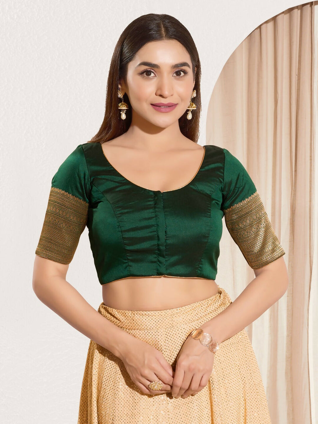 Joban Fashion Bottle Green Taffeta Silk Padded Blouse With Round Neck Elbow Sleeves - Distacart