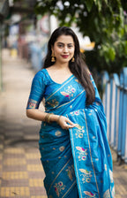 Blue Pure Silk Woven Design Saree with Unstitched Blouse - Hiral Fashion