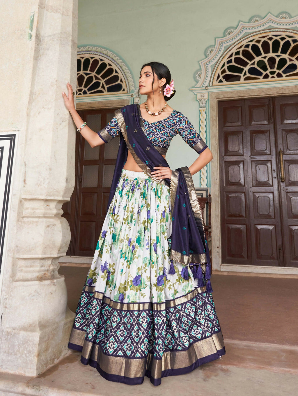 Vastranavya Exquisite Tussar Silk Lehenga Set With Perfect Floral And Patola Print Design Lehenga Choli - Navy Blue