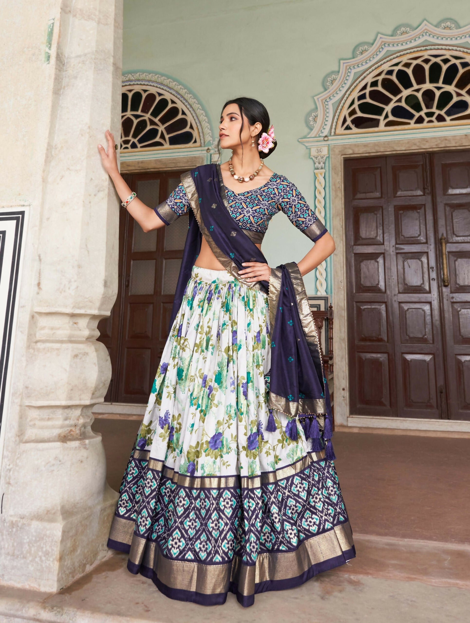 Vastranavya Exquisite Tussar Silk Lehenga Set With Perfect Floral And Patola Print Design Lehenga Choli - Navy Blue