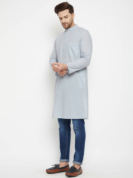 Even Apparels Grey Pure Cotton Men's Long Kurta With Band Collar