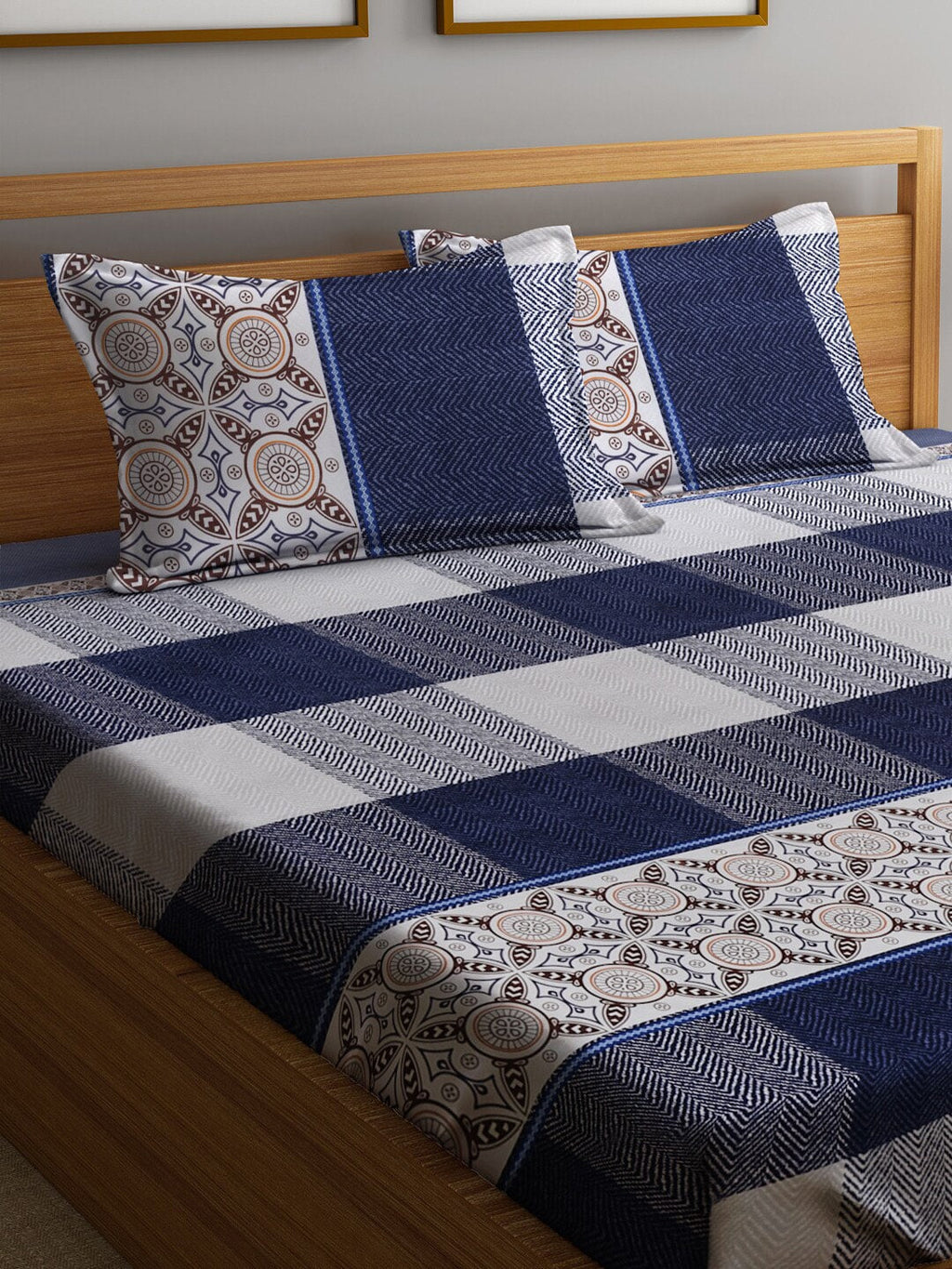 Home Sizzler Blue & White 210 TC Queen Geometric Cotton Bedsheet with 2 Pillow Covers