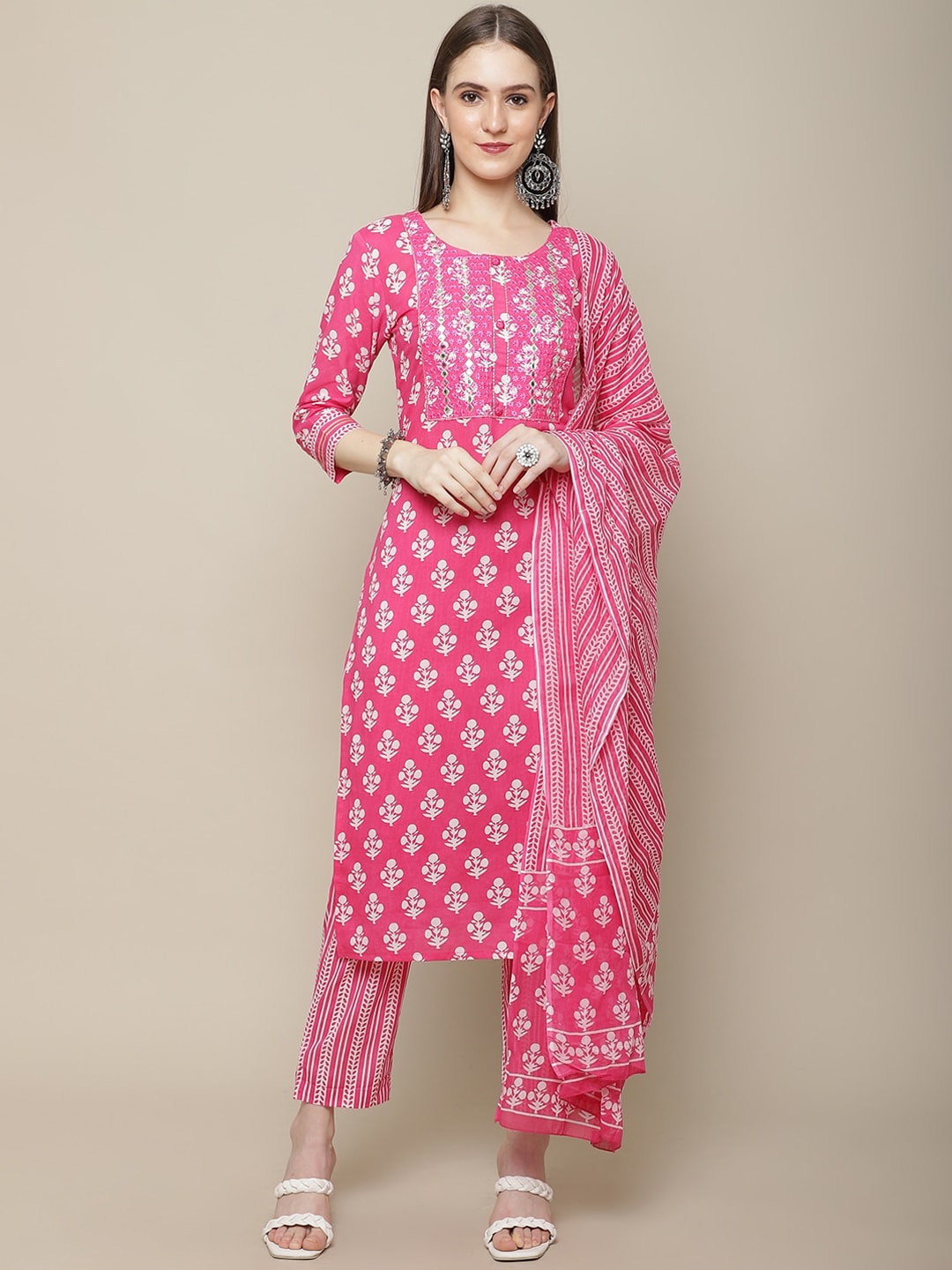 Sangria Women Floral Printed Mirror Work Pure Cotton Kurti with Trousers & Dupatta