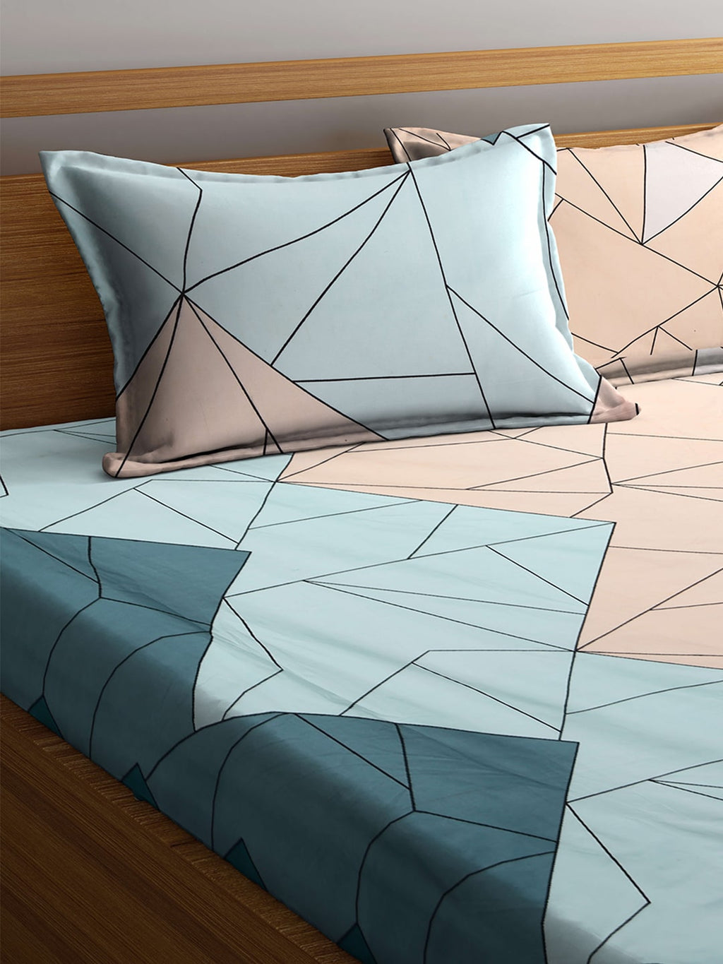 KLOTTHE Blue & Pink Geometric 300 TC King Fitted Bedsheet With 2 Pillow Covers - Distacart