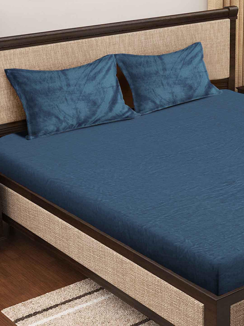 KLOTTHE Turquoise Blue 300 TC Woolen Fitted King Bedsheet With 2 Pillow Covers - Distacart