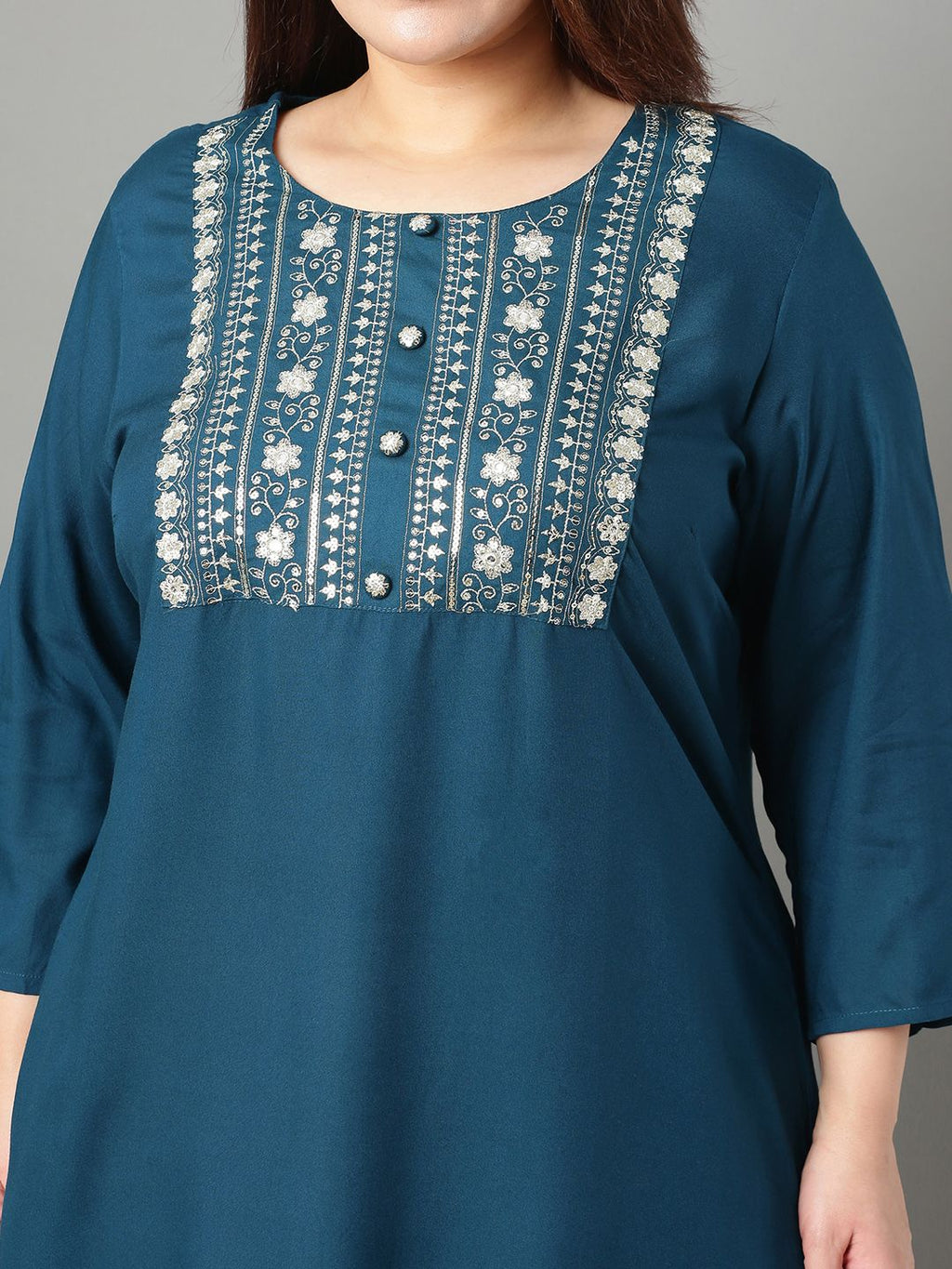 Sztori Plus Size Floral Yoke Design Mirror Work Straight Kurta