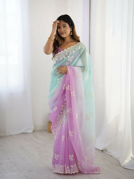 Purple Crunchy Silk Embroidery Work Party Wear Saree - Lakshita