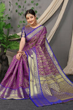 Jyoti Fashion Women's Purple Kanjivaram Silk Zari Woven Saree with Blouse