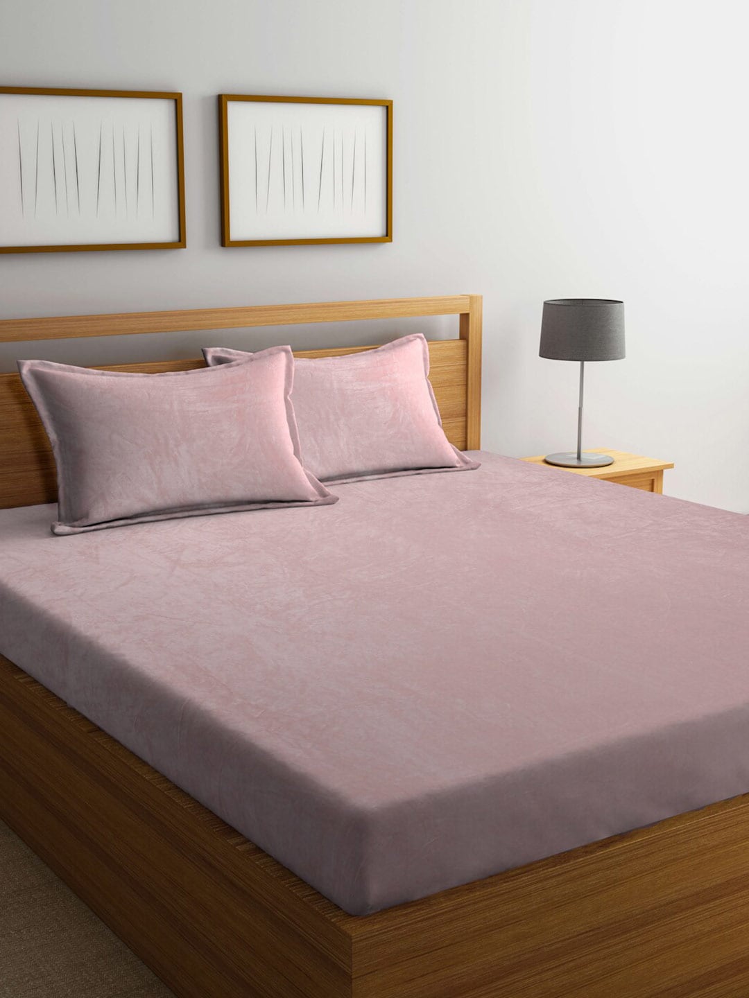 KLOTTHE Pink Woolen 300TC King Bedsheet Fitted Bedsheet With 2 Pillow Covers