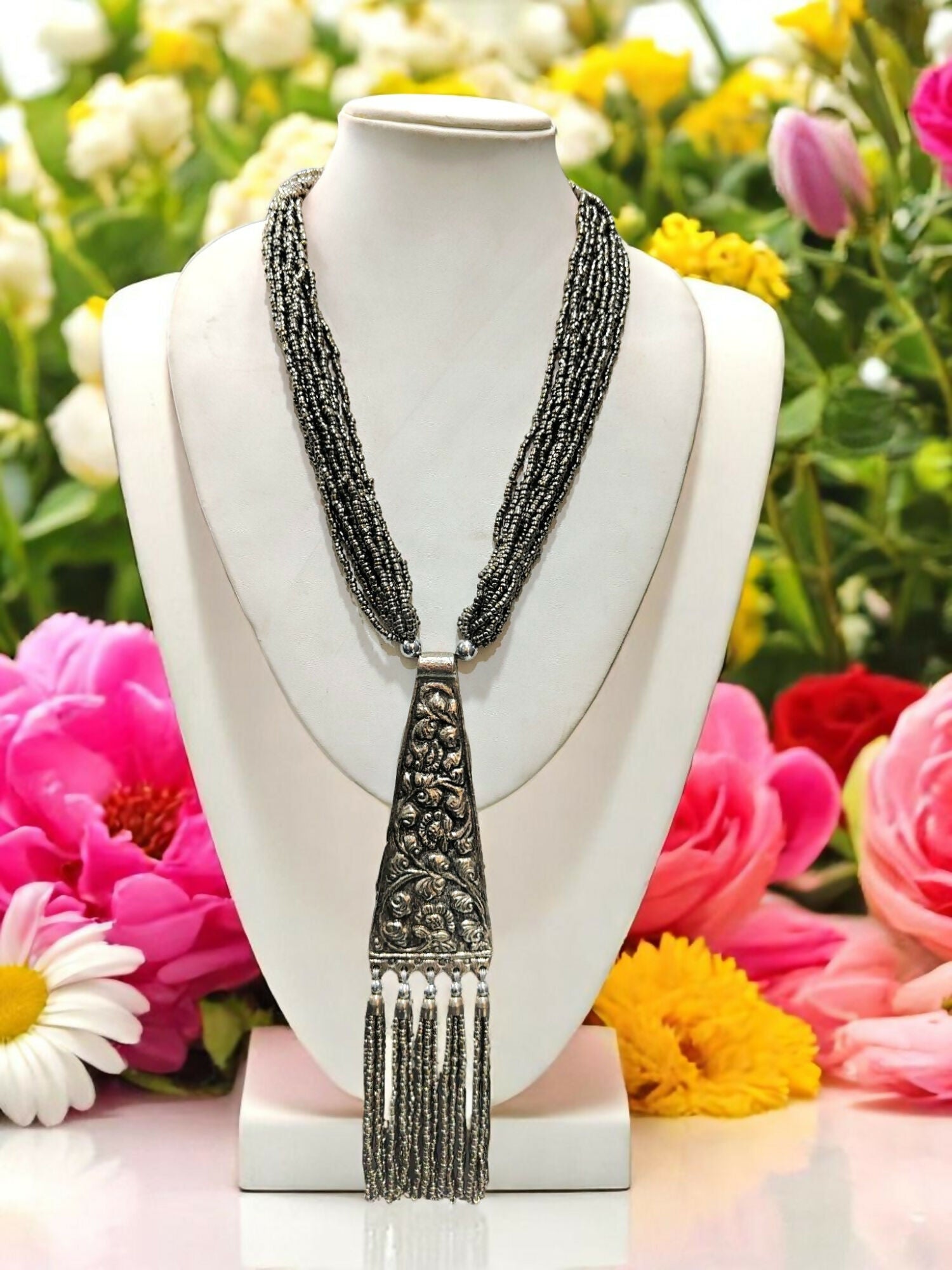 Inhanns Day-To-Dinner Tie Shaped Oxidized Black Metal Multi-Layered Long Only Necklace - Silver