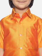 Sethukrishna Boys Orange & White Solid Shirt and Veshti Set