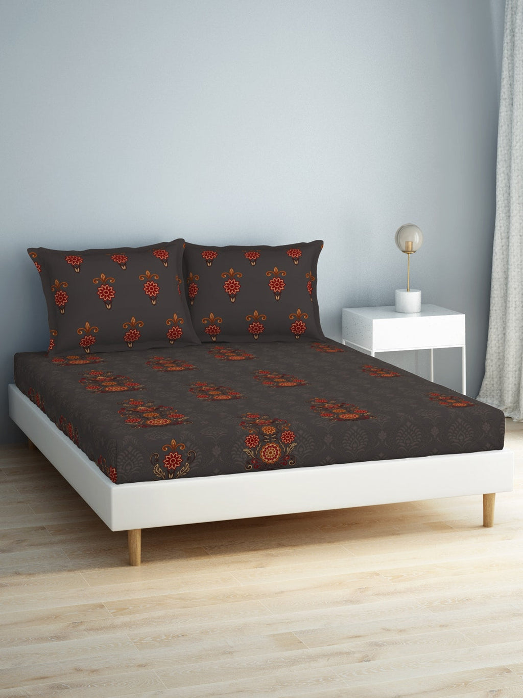 SPACES Aurum Grey Ethnic Motifs Pure Cotton 140 TC Queen Bedsheet with 2 Pillow Covers