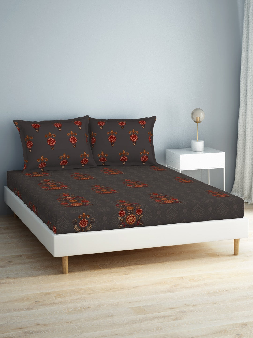 SPACES Aurum Grey Ethnic Motifs Pure Cotton 140 TC Queen Bedsheet with 2 Pillow Covers