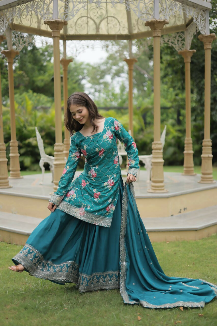 Vastranavya Premium Designer Printed With Sequins & Thread Embroidered work Kurti Palazzo & Dupatta - Firozi