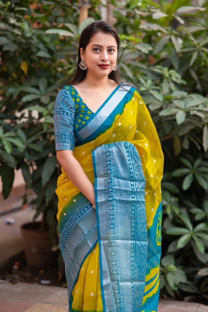 Yellow Jute Silk Ethnic Motifs Saree with Unstitched Blouse - A2M - Distacart